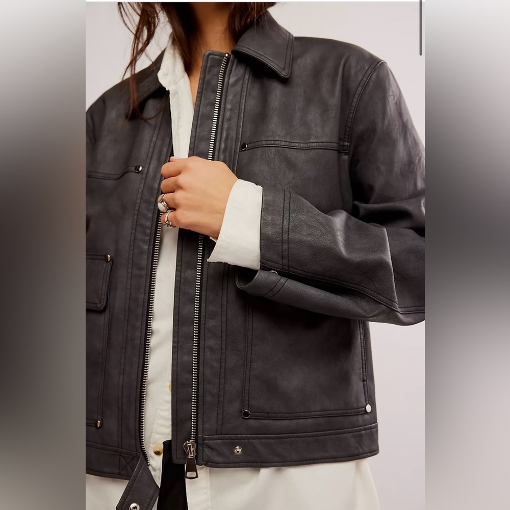 Free People Blair Vegan Leather Jacket Charcoal Oversized Large - Picture 2 of 16